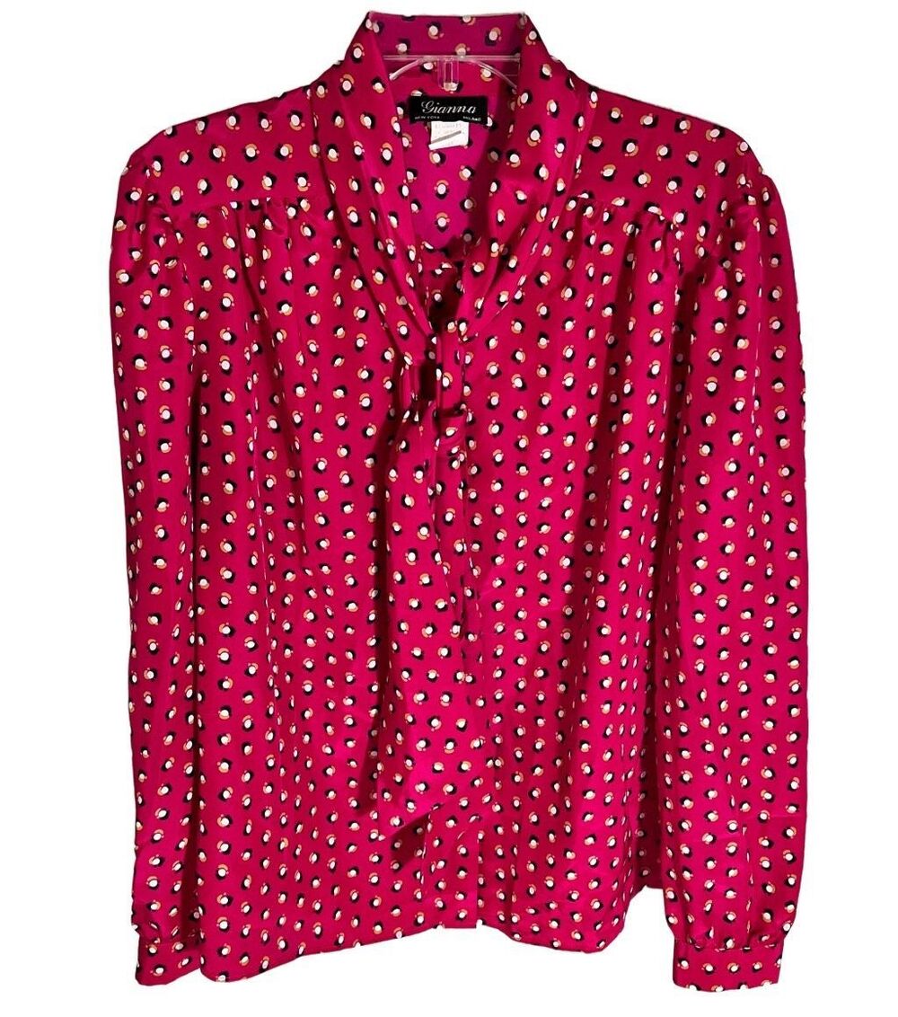 Vtg 80’s Gianna Tie Neck Secretary Blouse Pink Patterned Print Sz 14 See Detail